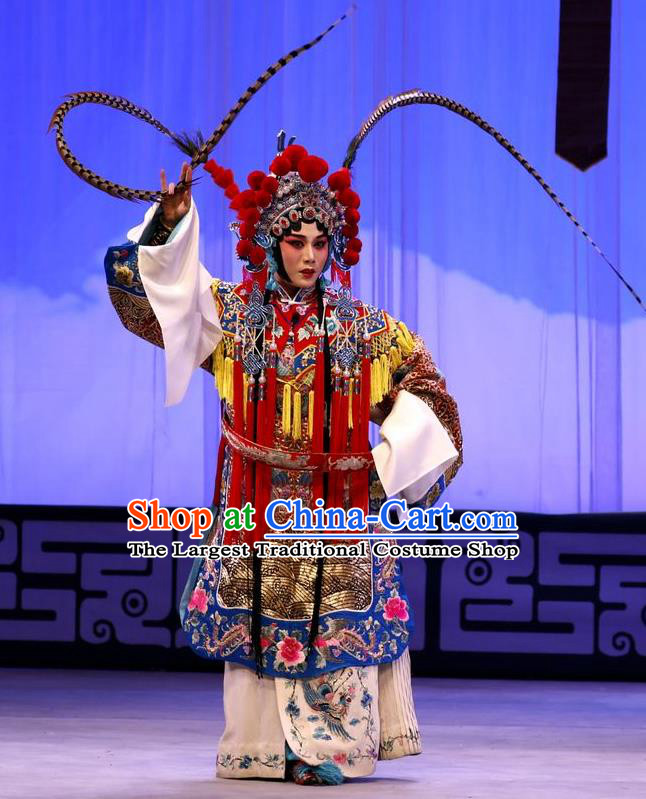 Chinese Beijing Opera Tao Ma Tan Apparels Zhan Hong Zhou Costumes and Headdress Traditional Peking Opera Blues Dress Martial Female Mu Guiying Garment