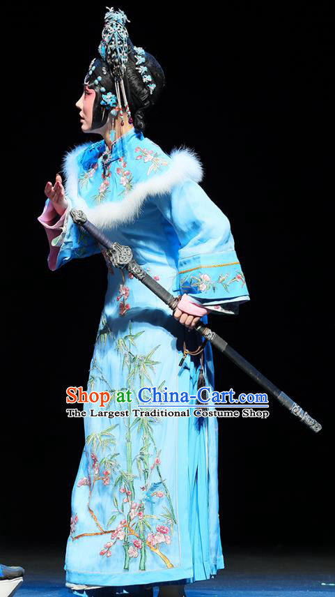 Chinese Beijing Opera Hua Tan Apparels Mei Hua Zan Costumes and Headdress Traditional Peking Opera Princess Blue Dress Actress Garment