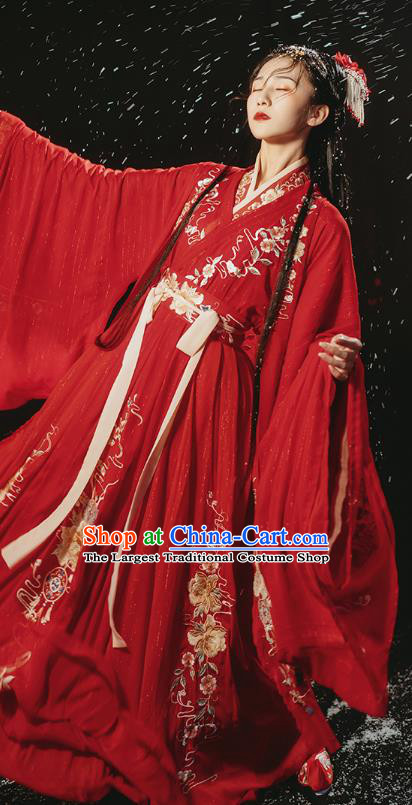 Traditional Chinese Ancient Royal Princess Embroidered Red Hanfu Dress Garment Jin Dynasty Wedding Historical Costumes Complete Set