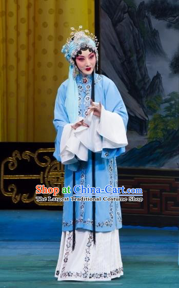 Chinese Beijing Opera Young Mistress Garment Zhou Ren Xian Sao Costumes and Hair Accessories Traditional Peking Opera Hua Tan Blue Dress Actress Apparels