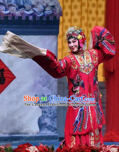 Chinese Beijing Opera Bride Zhang Sumei Garment Jie Mei Yi Jia Costumes and Hair Accessories Traditional Peking Opera Actress Red Dress Hua Tan Wedding Apparels