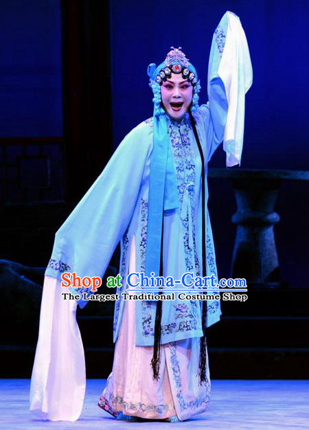 Chinese Ping Opera Diva Zhou Guiying Apparels Costumes and Headpieces Breeze Pavilion Traditional Pingju Opera Rich Consort Blue Dress Garment