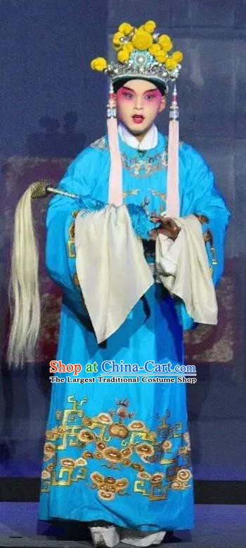 Tai Hou Gai Jia Chinese Sichuan Opera Young Man Court Servant Apparels Costumes and Headpieces Peking Opera Eunuch Garment Blue Clothing