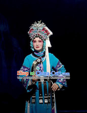 Chinese Beijing Opera Diva Garment Consort Bai Jie Costumes and Hair Accessories Traditional Peking Opera Queen Blue Dress Actress Apparels