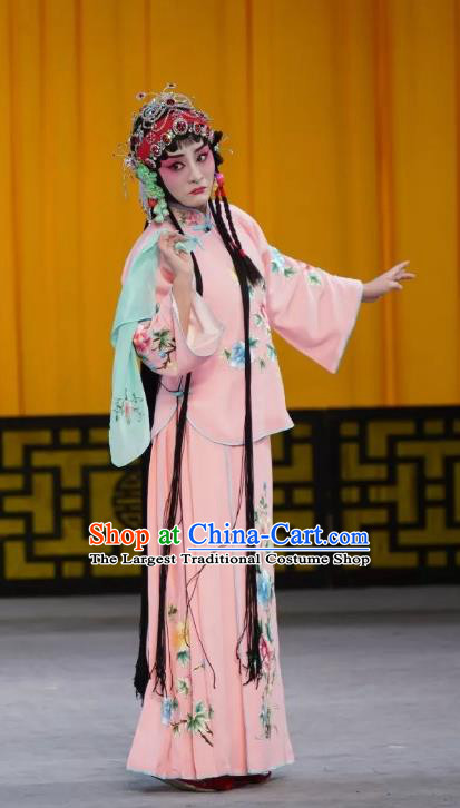 Chinese Beijing Opera Xiaodan Garment Costumes and Hair Accessories Traditional Peking Opera Young Lady Dress Maidservant Luan Ying Apparels