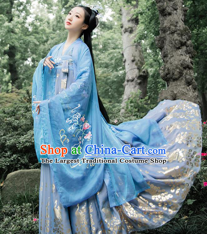 Chinese Traditional Ancient Tang Dynasty Historical Costumes Palace Princess Blue Hanfu Dress Apparels for Women