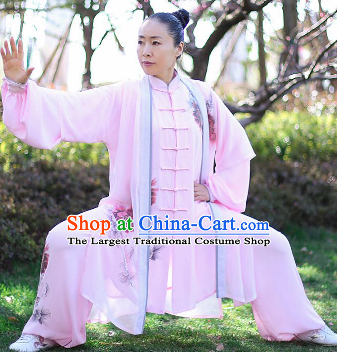 Professional Tai Chi Competition Pink Costume Tai Ji Embroidered Outfits Top Grade Martial Arts Training Uniform Clothing for Women