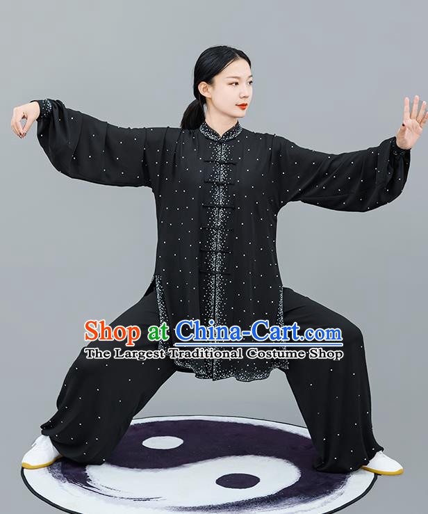 Professional Tai Chi Competition Diamante Costume Tai Ji Training Outfits Clothing Top Grade Martial Arts Black Uniform for Women