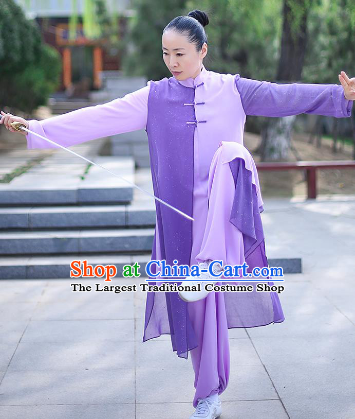 Professional Tai Chi Competition Costume Tai Ji Training Outfits Clothing Top Grade Martial Arts Purple Uniform for Women