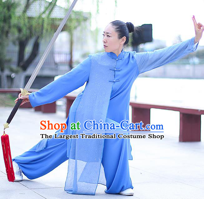 Professional Tai Chi Competition Costume Tai Ji Training Outfits Clothing Top Grade Martial Arts Blue Uniform for Women