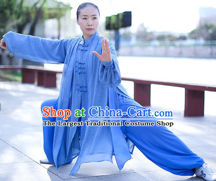 Chinese Traditional Tai Chi Competition Costume Professional Tai Ji Training Outfits Clothing Top Grade Martial Arts Blue Uniform for Women