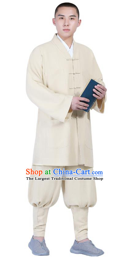 Chinese Traditional Buddhism Costume Shaolin Monk Clothing Beige Blouse and Pants Complete Set for Men