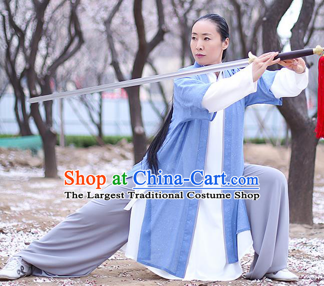 Chinese Traditional Tai Chi Competition Costume Professional Martial Arts Training Outfits Top Grade Tai Ji Performance Light Blue Uniform for Women