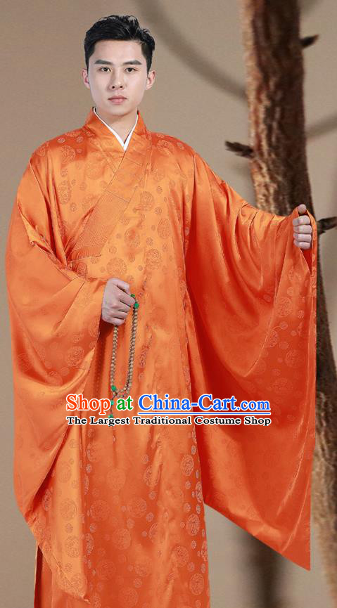 Chinese Traditional Orange Silk Frock Costume Buddhism Clothing Monk Robe Garment for Men