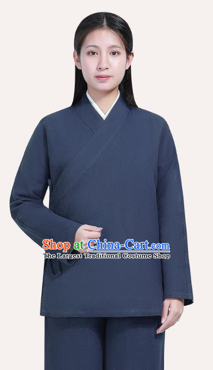 Chinese Traditional Lay Buddhist Costume Top Grade Tai Ji Uniforms Professional Tang Suit Women Navy Ramie Meditation Outfits