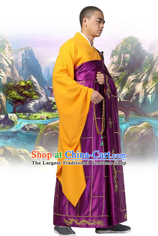 Chinese Traditional Monk Embroidered Dragon Purple Silk Kasaya Costume Buddhism Gown Clothing Bonze Cassock Garment for Men