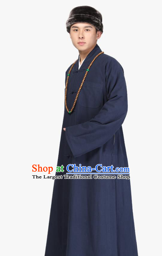 Chinese Traditional Monk Navy Brushed Gown Costume Meditation Garment Lay Buddhist Clothing for Men