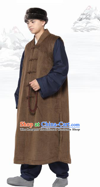 Chinese Traditional Winter Brown Long Vest Costume Meditation Garment Lay Buddhist Clothing for Men