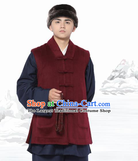 Chinese Traditional Winter Wine Red Vest Costume Meditation Garment Lay Buddhist Waistcoat for Men