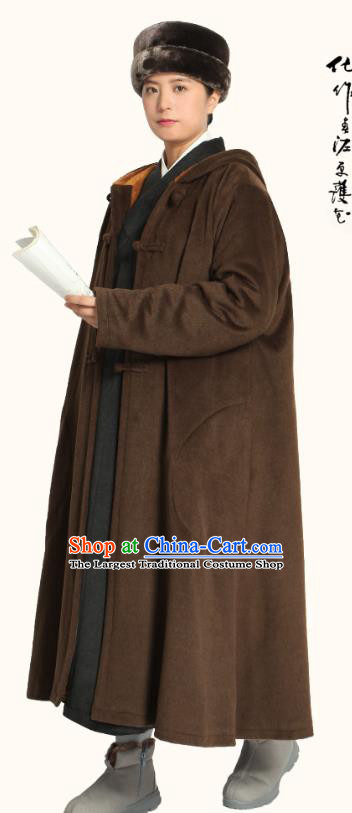 Chinese Traditional Winter Brown Woolen Cloak Costume Lay Buddhist Clothing Meditation Garment Dust Coat for Men