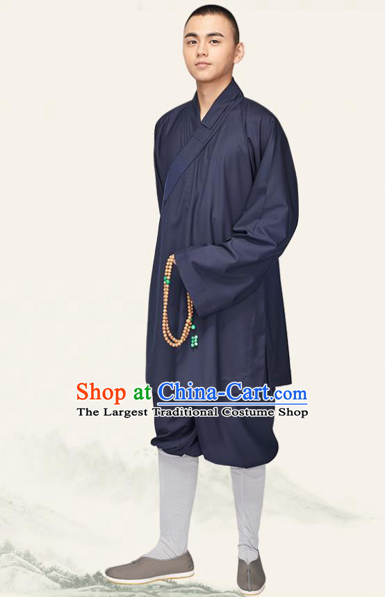 Chinese Traditional Monk Navy Flax Short Gown and Pants Meditation Garment Buddhist Bonze Costume for Men