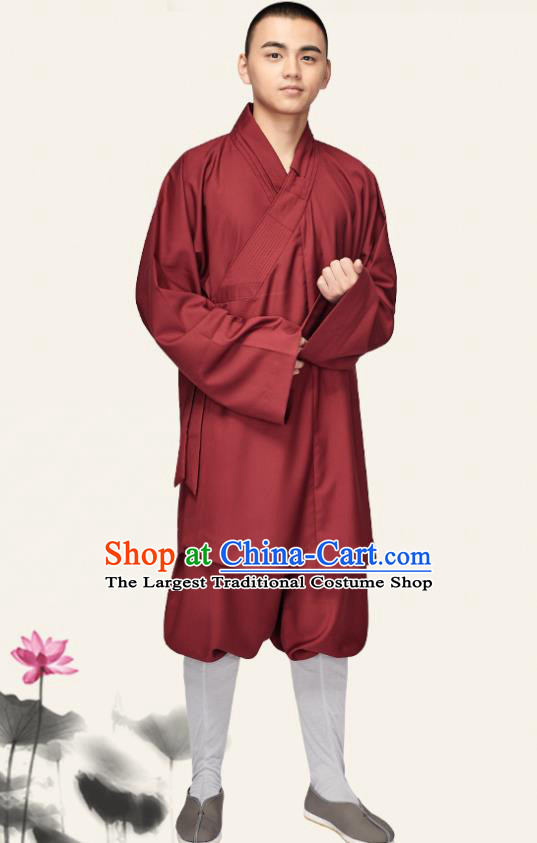 Chinese Traditional Monk Purplish Red Gown and Pants Buddhist Bonze Costume Meditation Garment for Men