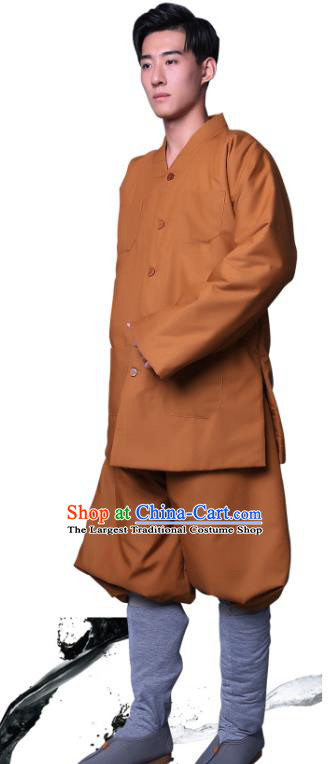 Chinese Winter Buddhist Monk Costume Traditional Meditation Garment Bonze Clothing Ginger Cotton Wadded Coat and Pants for Men