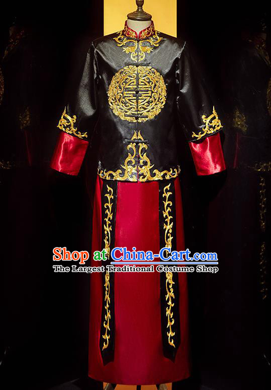 Chinese Handmade Bridegroom Embroidered Costume Traditional Wedding Garment Clothing Tang Suit Black Mandarin Jacket and Robe for Men