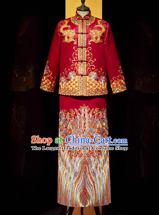 Chinese Bridegroom Costume Traditional Wedding Garment Clothing Tang Suit Mandarin Jacket and Robe for Men