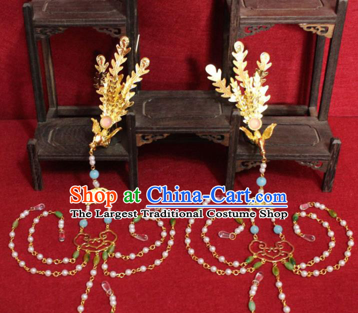 Traditional Chinese Handmade Pearls Tassel Hair Clip Ancient Queen Hair Accessories Golden Phoenix Hairpin for Women