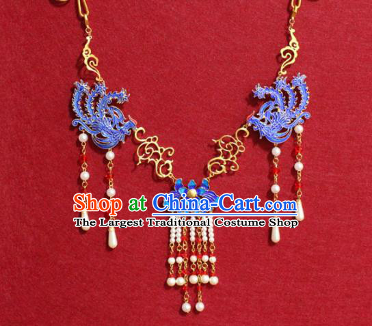 Traditional Chinese Ancient Princess Necklace Handmade Jewelry Accessories Cloisonne Phoenix Pearls Tassel Necklet for Women