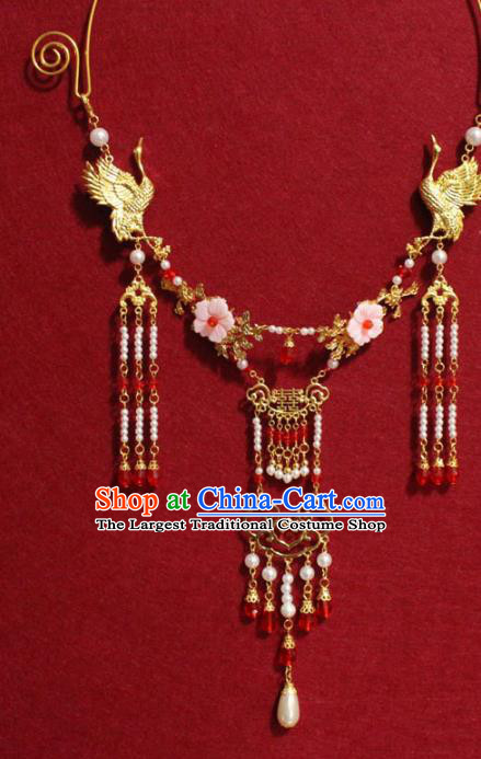 Traditional Chinese Ancient Princess Pearls Tassel Necklace Handmade Jewelry Accessories Golden Cranes Necklet for Women