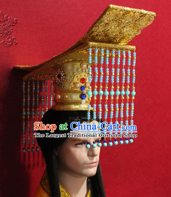 Traditional Chinese Ancient Emperor Blue Beads Tassel Hat Handmade Tang Dynasty Monarch Hair Accessories Golden Royal Crown for Men