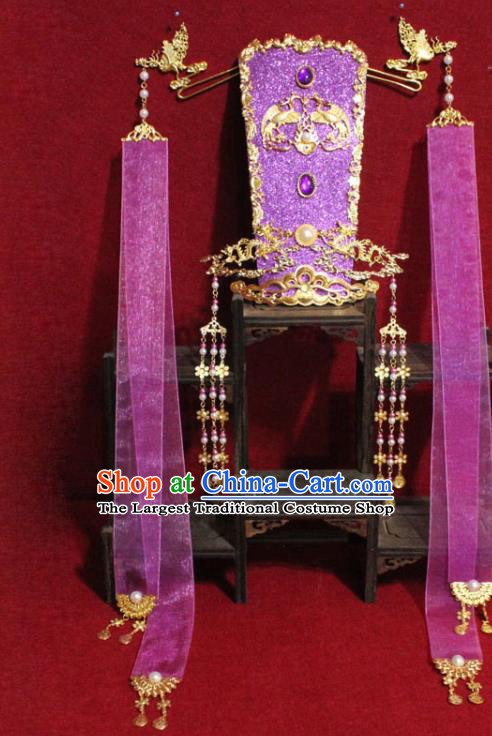 Traditional Chinese Ancient Female Official Purple Ribbon Hair Crown Handmade Hair Jewelry Taoist Nun Hairpins Hair Accessories for Women