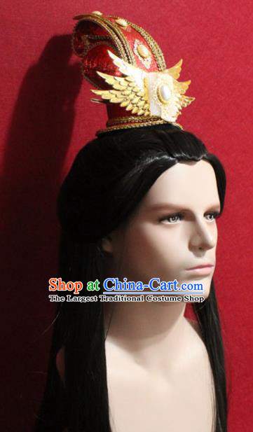 Traditional Chinese Ancient Prince Red Hairdo Crown Handmade Ming Dynasty Noble Childe Jade Hair Accessories for Men