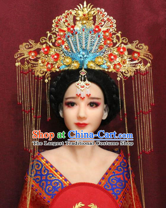 Chinese Ancient Imperial Consort Golden Phoenix Coronet Hair Jewelry Traditional Handmade Tassel Hairpins Ming Dynasty Queen Hair Accessories Complete Set