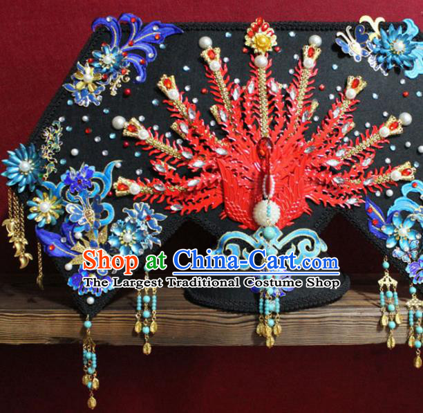 Chinese Ancient Imperial Consort Red Phoenix Coronet Hair Jewelry Traditional Handmade Hairpins Qing Dynasty Queen Hair Accessories Complete Set