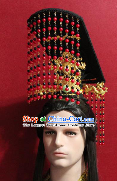 Traditional Chinese Ancient Emperor Beads Tassel Hat Handmade Han Dynasty Monarch Hair Accessories Black Royal Crown for Men