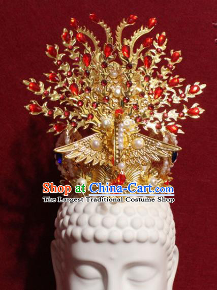 Traditional Chinese Handmade Buddhist Statues Red Crystal Phoenix Hair Crown Pearls Hair Accessories