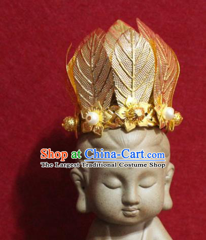 Traditional Chinese Handmade Buddhist Statues Hair Crown Golden Leaf Hair Accessories Headwear