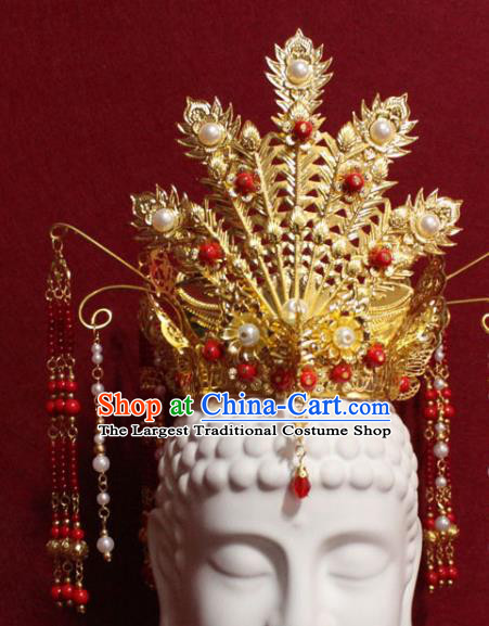 Traditional Chinese Handmade Golden Phoenix Hair Crown Buddhist Statues Red Beads Tassel Hairpins Hair Accessories Headwear