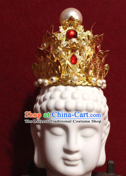 Traditional Chinese Handmade Golden Hair Crown Buddhist Statues Red Crystal Hairpins Hair Accessories Headwear