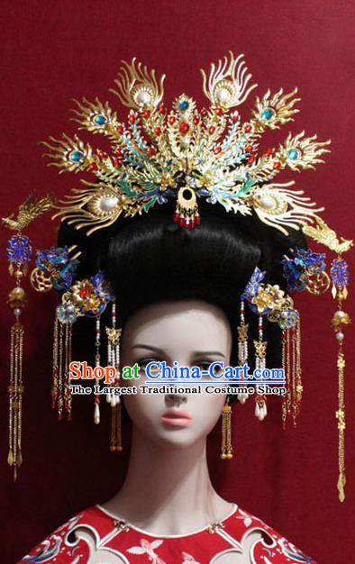 Traditional Chinese Ancient Queen Phoenix Coronet Handmade Hair Jewelry Cloisonne Hairpins Hair Accessories Complete Set