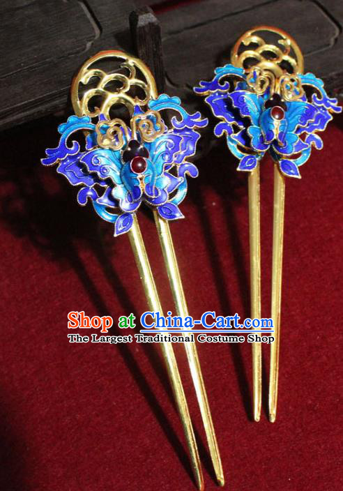 Traditional Chinese Handmade Cloisonne Butterfly Hair Clip Ancient Queen Golden Hairpins Hair Accessories Headwear for Women