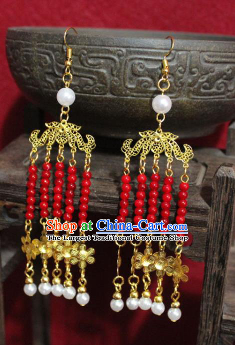 Traditional Chinese Ancient Princess Red Beads Tassel Earrings Handmade Jewelry Accessories Golden Flowers Eardrop for Women