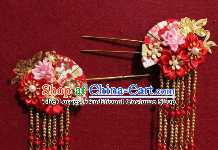 Traditional Chinese Handmade Silk Flowers Hair Clips Ancient Tang Dynasty Empress Tassel Hairpin Hair Accessories Headwear for Women