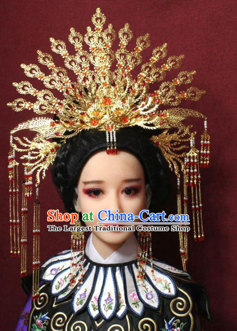 Chinese Ancient Queen Hair Jewelry Traditional Handmade Hairpins Hair Accessories Golden Phoenix Coronet Complete Set