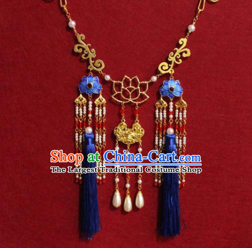 Traditional Chinese Ancient Princess Royalblue Tassel Necklace Handmade Jewelry Accessories Cloisonne Necklet for Women