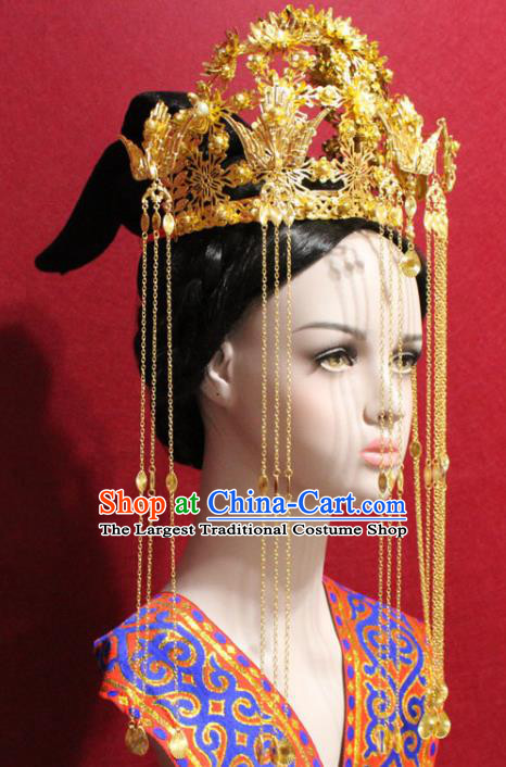 Traditional Chinese Ancient Queen Golden Tassel Phoenix Coronet Handmade Hair Jewelry Hairpins Hair Accessories Complete Set