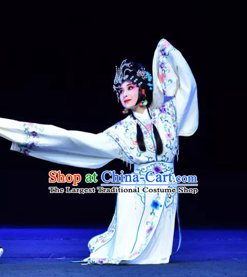 Chinese Sichuan Opera Rich Lady Garment Costumes and Hair Accessories Yu He Qiao Traditional Peking Opera Hua Tan White Dress Actress Ke Baozhu Apparels